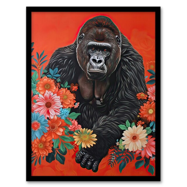 Bright Flowers Red Animal Living Room Gorilla Black Framed Wall Art Print A4