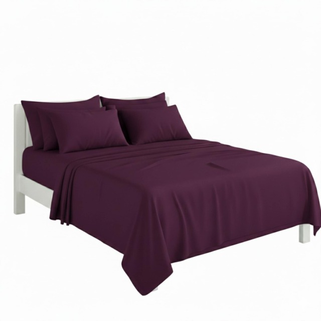 Plain Poly Cotton Easy Care Fitted Flat Sheet Matching Pillowcases Set Purple Plum Double