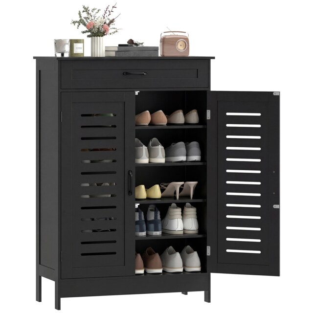 HOMCOM Modern Shoe Storage Cabinet with Louvered Doors and Drawer Black Black 78 x 37 x 115.8 cm