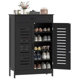 HOMCOM Modern Shoe Storage Cabinet with Louvered Doors and Drawer Black Black 78 x 37 x 115.8 cm