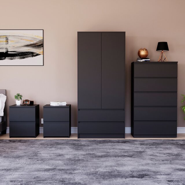 Vida Designs Denver 4 Piece Bedroom Set (2 Drawer Large Bedside Chest x2, 5 Drawer Chest, 2 Door 2 Drawer Wardrobe), Black Green Green 4