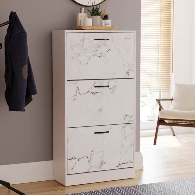 Vida Designs 3 Drawer Shoe Cabinet Shoe Rack Storage Cupboard, White Marble
