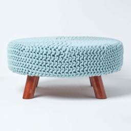 Homescapes Pastel Blue Large Round Cotton Knitted Footstool on Legs Blue 62 x 62 x 30 cm