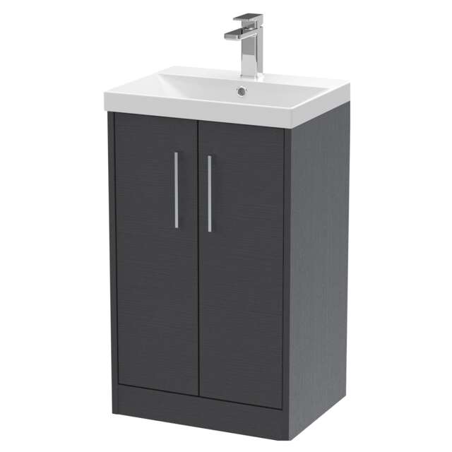 Balterley Winshill Contemporary 2 Door Floor Standing Vanity Unit with Thin Edge Basin, Woodgrain Dark Grey, 500mm