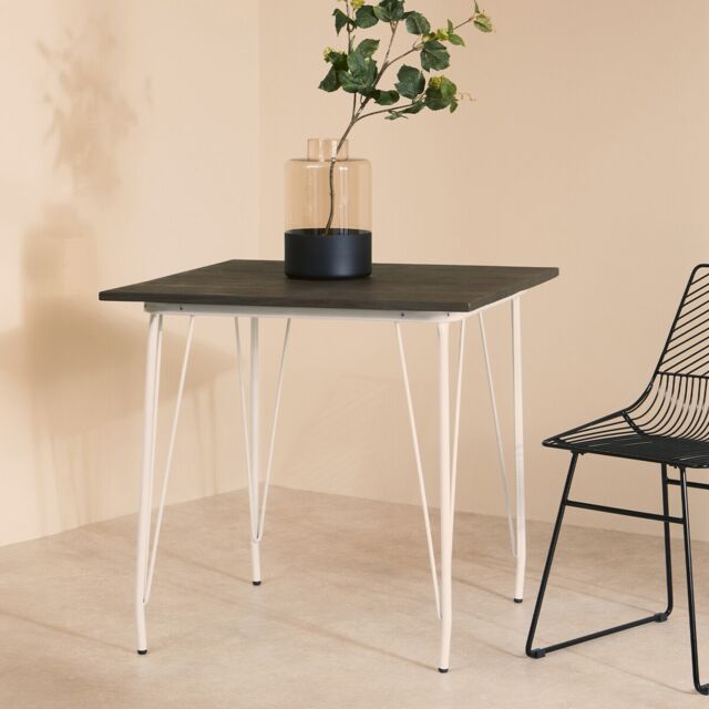 Orsina Large White Metal and Elm Wood Table, Versatile Square Table, Sturdy Outdoor Dining Table for Lawn, Patio