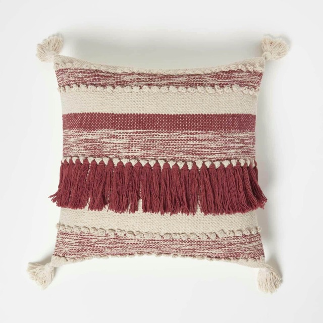 Homescapes Zadar Handwoven Fringed Red Kilim Cushion - 45 x 45 cm Red Cream, Red 1