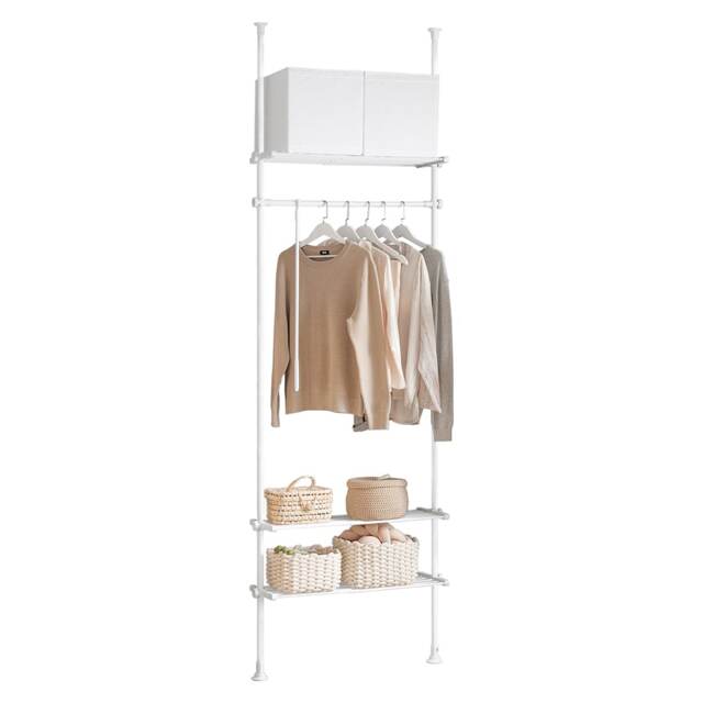 "SoBuy Telescopic Clothes Rail, Heavy Duty Adjustable Open Wardrobe with Hanging Rail & 2 Shelves, White, 20.5""–31.5"" W x 91.7""–118.1"" H, 3.8 - KLS07-W"