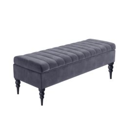 90cm Sierra Striped Ottoman Storage Bench with Black Turned Wooden Legs - Steel Grey Plush Velvet Upholstered Shoes Bench