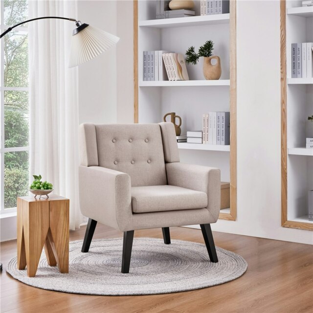 Yaheetech Linen Fabric Accent Chair with Wood Legs Removable Cushion Brown Beige