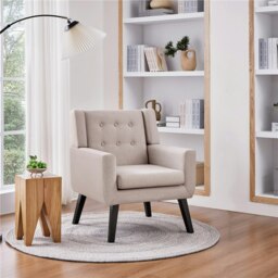 Yaheetech Linen Fabric Accent Chair with Wood Legs Removable Cushion Brown Beige