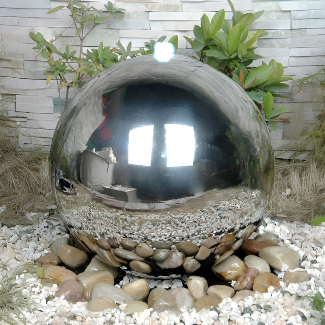 Stainless Steel Polished Sphere Outdoor Water Feature with Lights and Reservoir 40cm