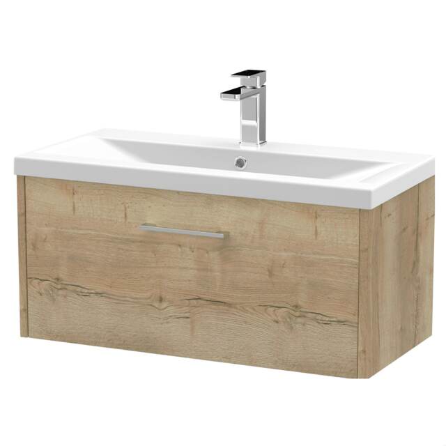 Balterley Winshill Contemporary 1 Drawer Wall Hung Vanity Unit with Mid-Edge Basin, Light Oak, 800mm