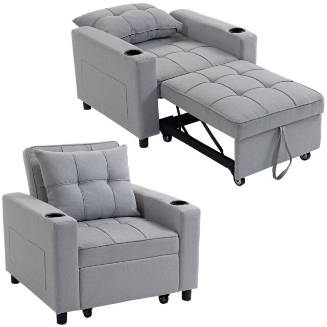 HOMCOM 3-in-1 Single Sofa Bed, Convertible Sleeper Chair Bed with Adjustable Backrest, Fabric Pull Out Chair with Pillow, Side Pockets and Cup Holders for Living Room, Bedroom, Small Space, Light Grey Grey Light Grey