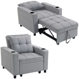 HOMCOM 3-in-1 Single Sofa Bed, Convertible Sleeper Chair Bed with Adjustable Backrest, Fabric Pull Out Chair with Pillow, Side Pockets and Cup Holders for Living Room, Bedroom, Small Space, Light Grey Grey Light Grey