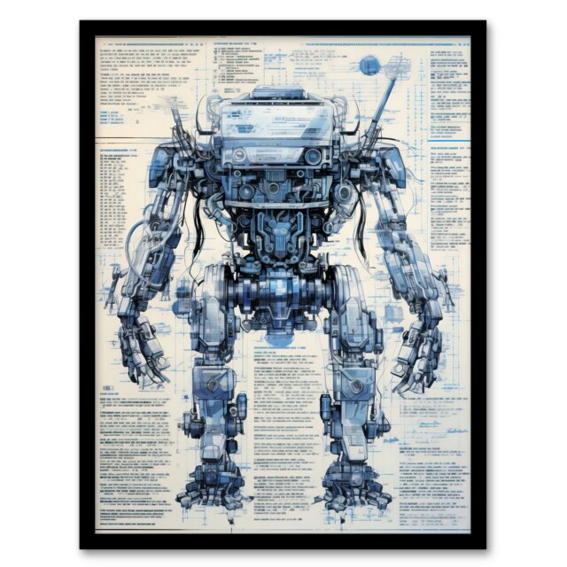 Mech War Robot Hybrid Sci-Fi Blueprint Futuristic Black Framed Wall Art Print A4