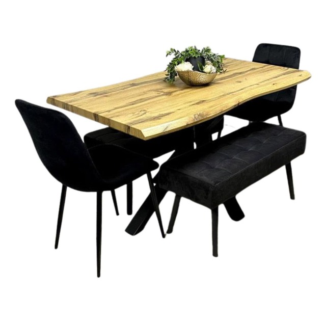 Wooden Dining Table with 2 Black Velvet Chairs and Black Padded Benches, Dining Room Furniture