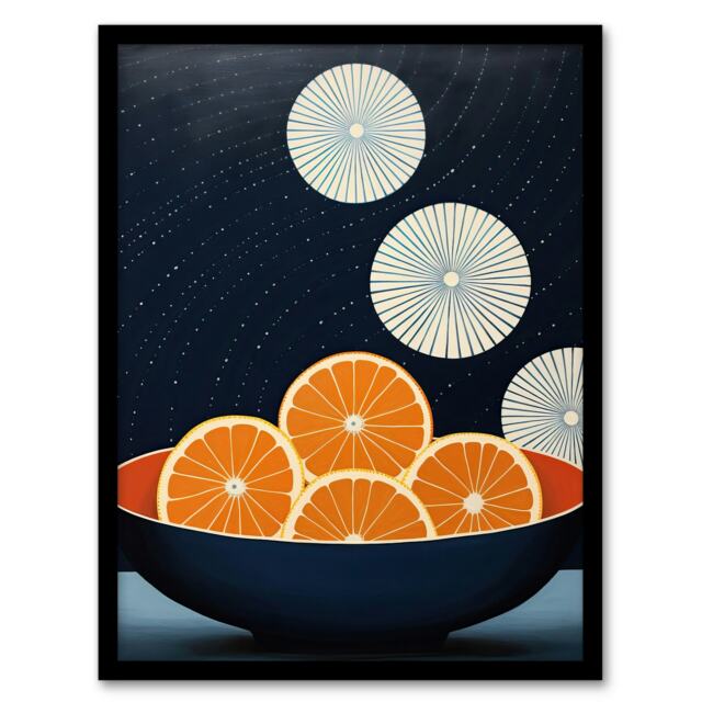 Citrus Circles Oranges Bowl Night Sky Home Decor Black Framed Wall Art Print A4