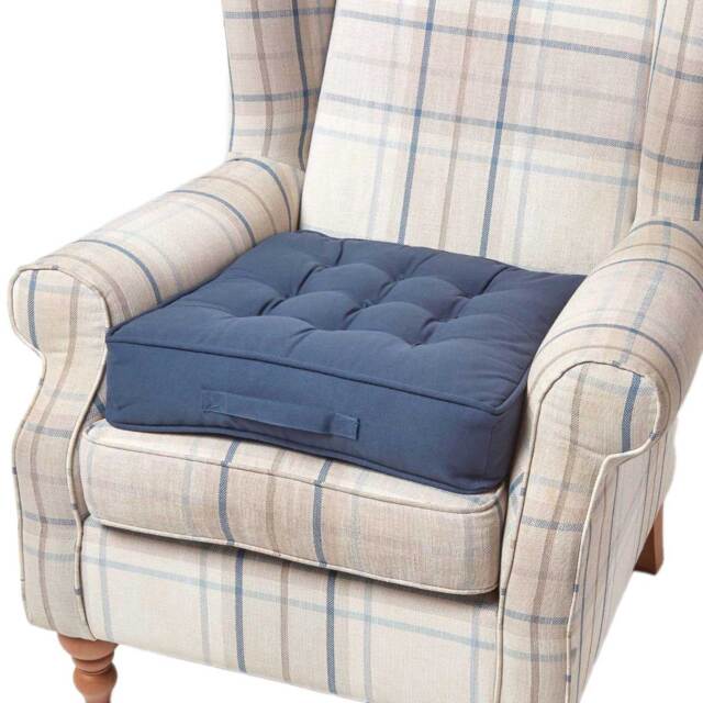 "Homescapes Navy Blue Cotton Armchair Booster Cushion Blue Navy blue 50cm x 50cm x 10cm (20"" x 20"" x 4"")"
