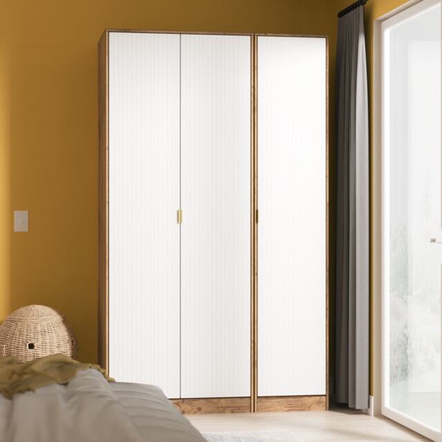 Washington Tall Triple Wardrobe in White Matt & Vintage Oak (Ready Assembled) White White Matt & Vintage Oak