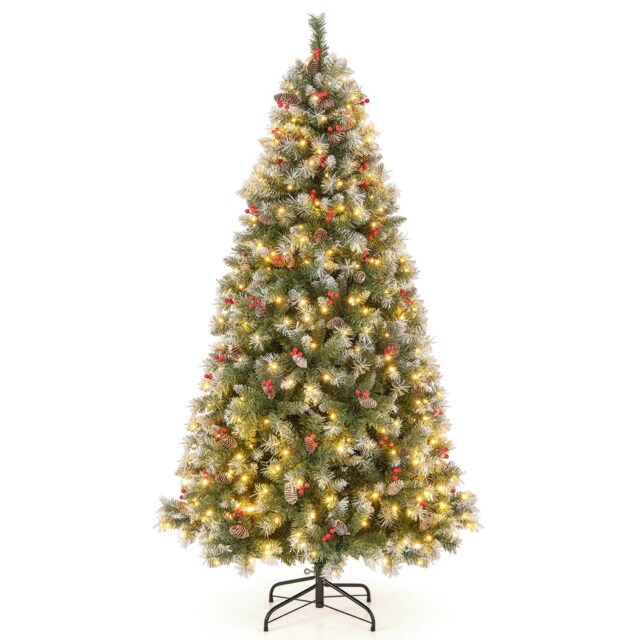 COSTWAY 6.5FT Pre-lit Christmas Tree Artificial Hinged Xmas Tree with 909 Branch Tips