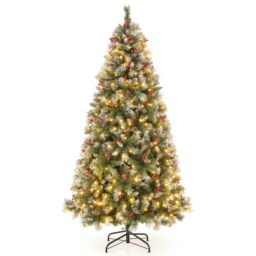 COSTWAY 6.5FT Pre-lit Christmas Tree Artificial Hinged Xmas Tree with 909 Branch Tips