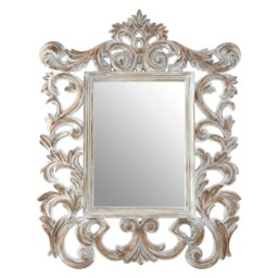 Antique Grey Fleur-De-Lis Wall Mirror,Weathered Hanging Mirror With Bevelled Frame,Perfect for Gifting Grey