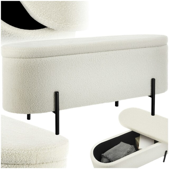 Hallway Bench Lanja - upholstered, cushioned, built-in-storage, 97 x 36 x 42 cm Cream Boucle Cream-White