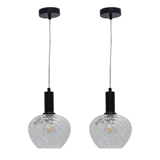 Set of 2 Bradson - Clear Swirl Glass Black Deco Pendant Fittings