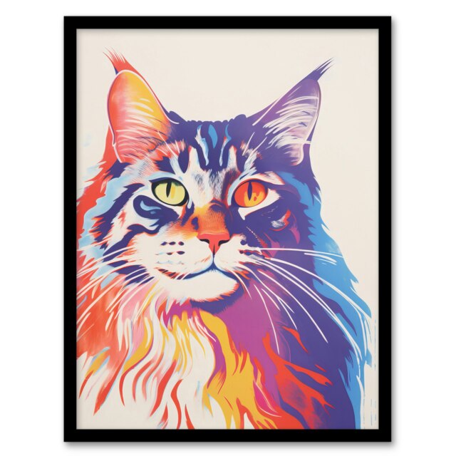Maine Coon Cat Risograph Bright Orange Home Decor Black Framed Wall Art Print A4