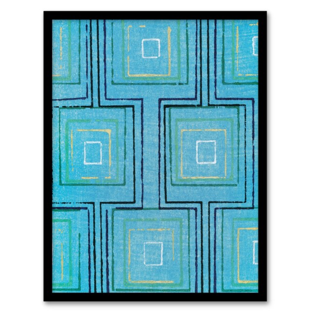 "Squares Geometric Blue Pattern Japan Framed Wall Art Print Furuya Korin 12x16"""