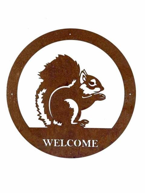 Squirrel Welcome Wall Art - Large - Steel - W49.5 x H49.5 cm - Bare Metal/Ready to Rust Brown