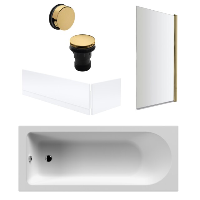Round Single Ended Bath, Brushed Brass Screen and Waste and Panels - 1700x700mm White