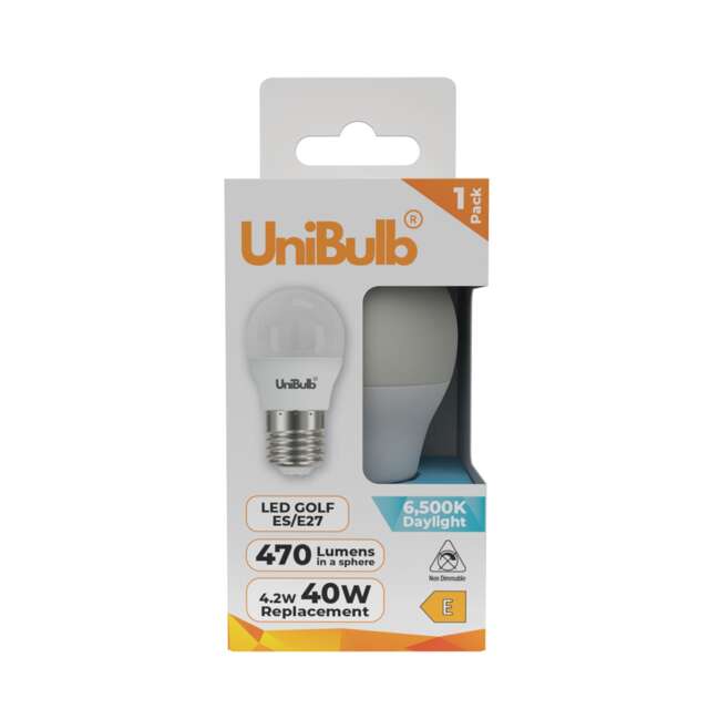 UniBulb LED Golf Ball E27 Edison Screw (ES) 470lm 4.2W (Replaces 40W) 6500K (Daylight) Light Bulb - Pack of 1 White Daylight 1