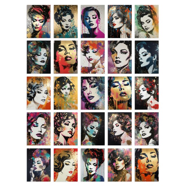 Glitter & Glamour Women Portraits Modern Retro Art Set of 50 Unframed A6 Prints Multi