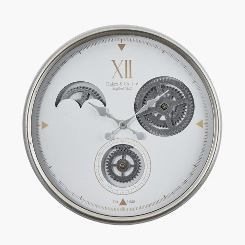 White and Silver Metal Cog Wall Clock