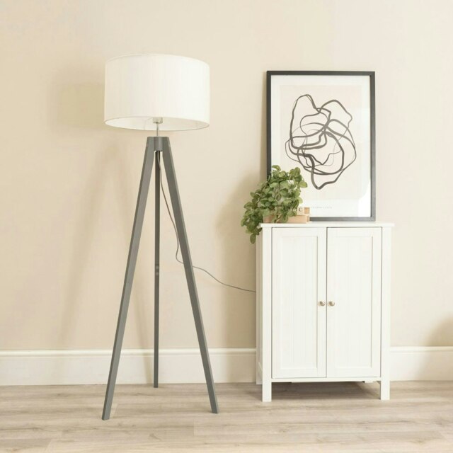 ValueLights Jackson Grey Wood Tripod Floor Lamp with White Fabric Lamp Shade and LED Bulb