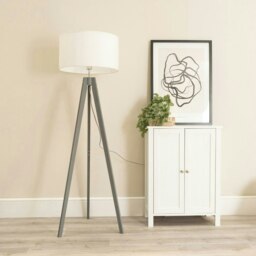 ValueLights Jackson Grey Wood Tripod Floor Lamp with White Fabric Lamp Shade and LED Bulb
