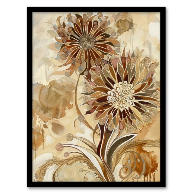 Abstract Earthy Wildflowers Floral Mandala Black Framed Wall Art Print A4