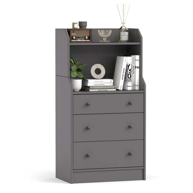 COSTWAY 3 Drawer Dresser Storage Organizer with Shelves Grey
