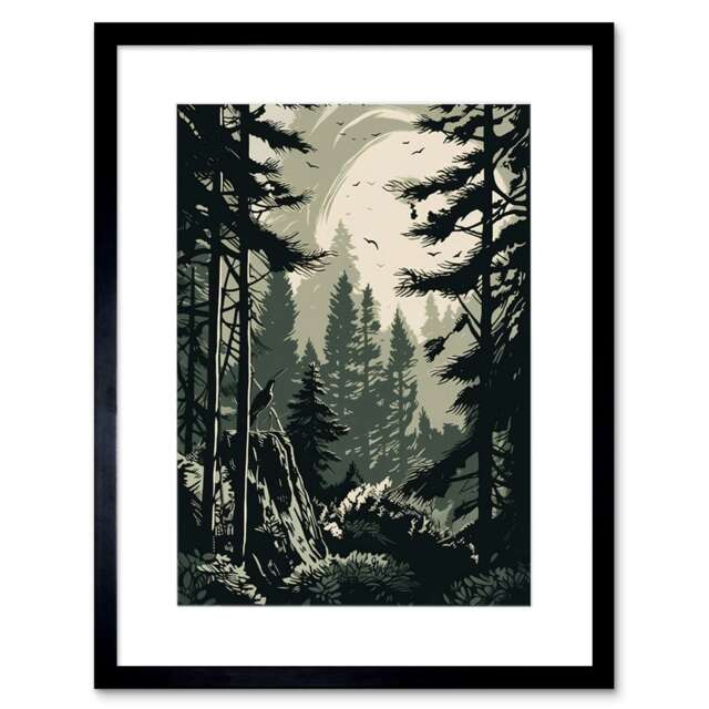 "Pine Tree Forest Sunrise Landscape 9x7"" Black Framed Wall Art Print"