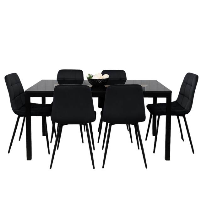 Black Kitchen Dining Table And 6 Black Tufted Velvet Chairs Set Of 6 Dining Room Furniture