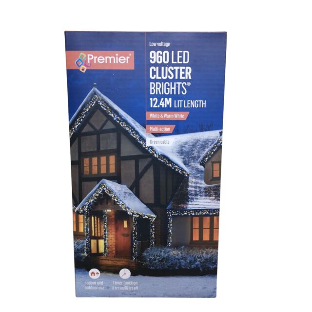 960 LED 12.4m Premier Clusterbrights Indoor Outdoor Multifunction Mains Operated Christmas Cluster Lights with Timer in Cool & Warm White Mix