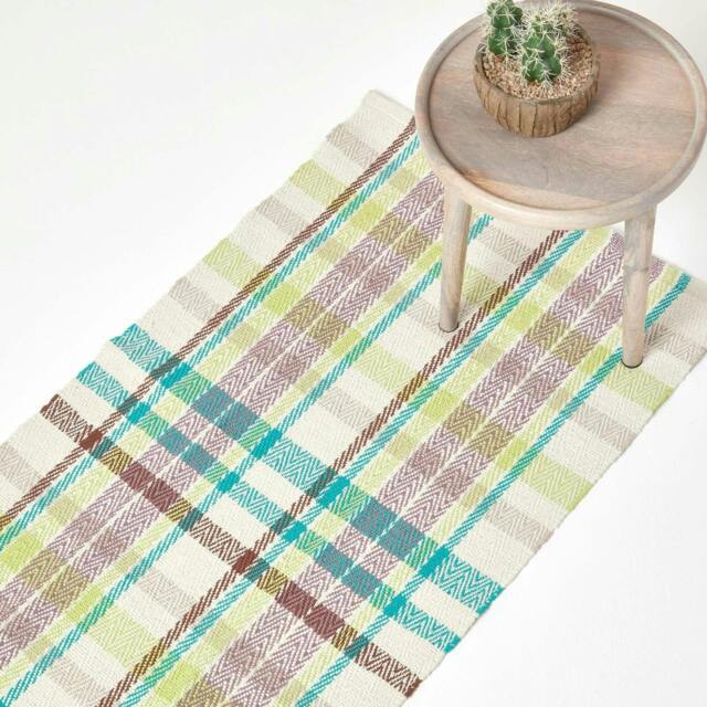 Homescapes Wilson Handwoven Blue, Yellow and Brown Tartan Cotton Runner - 66 x 200 cm Multi Blue, yellow, brown & off white