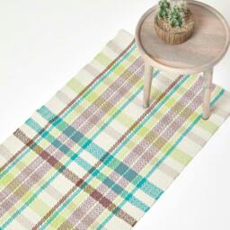 Homescapes Wilson Handwoven Blue, Yellow and Brown Tartan Cotton Runner - 66 x 200 cm Multi Blue, yellow, brown & off white