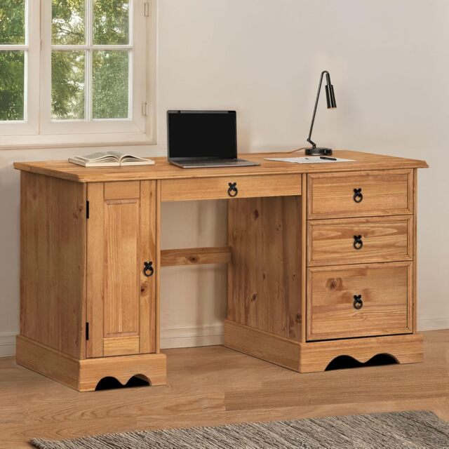 Mercers Furniture Corona Straight Computer Desk 3 Drawer 1 Door Office Bedroom Solid Wood Pine with Mexican Styling Wooden