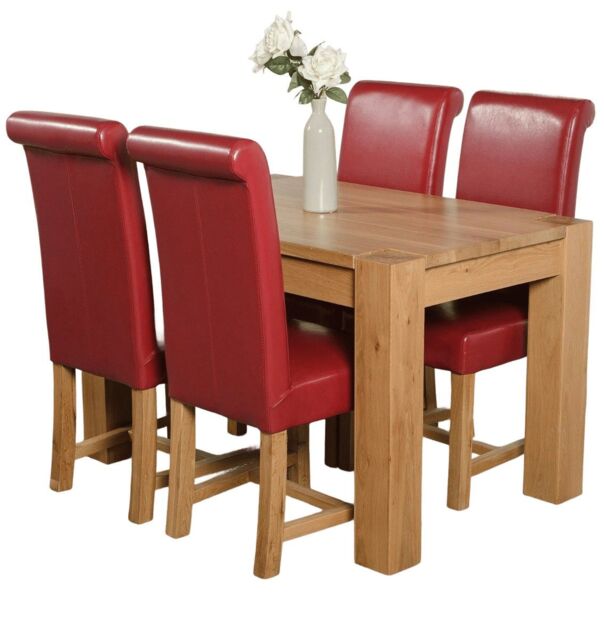 Kuba 125x80cm Chunky Oak Small Dining Table and 4 Washington Leather Chairs Red Red
