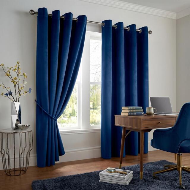 Velvet Thermal Blackout Eyelet Curtains Ready Made Pair - 229cm x 229cm - Navy