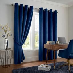 Velvet Thermal Blackout Eyelet Curtains Ready Made Pair - 229cm x 229cm - Navy