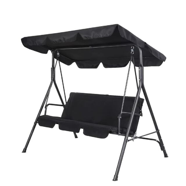 3 Seater Garden Swing Chair Black Seat Hammock Swinging Metal Seat Shade Sun Protection Canopy Bench