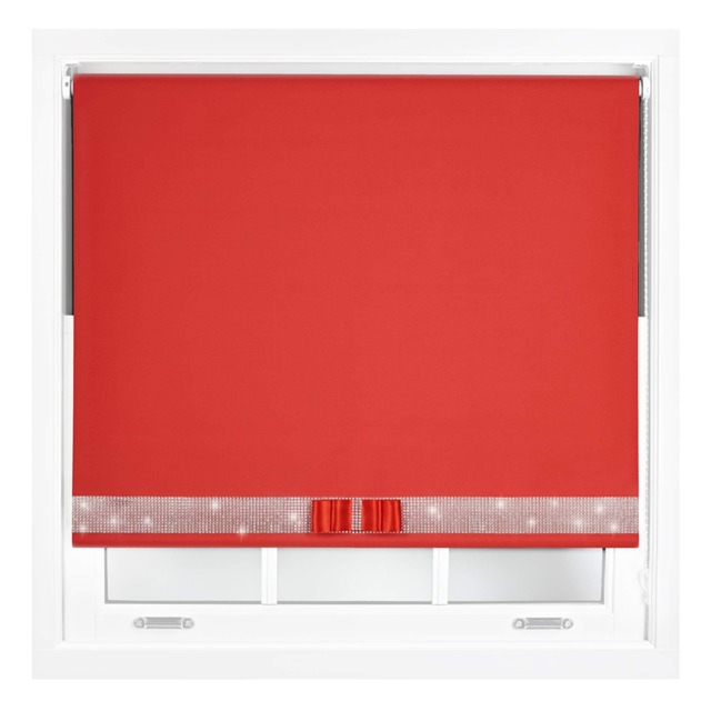FURNISHED Blackout Roller Blinds with Diamante Trim and Bow Cut to Size Red Red (W) 210cm x (L) 165cm